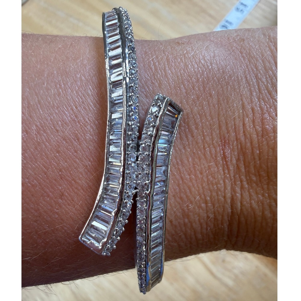 Glam Art Deco Baguette Rhinestone Silver Bangle Bracelet Unbranded